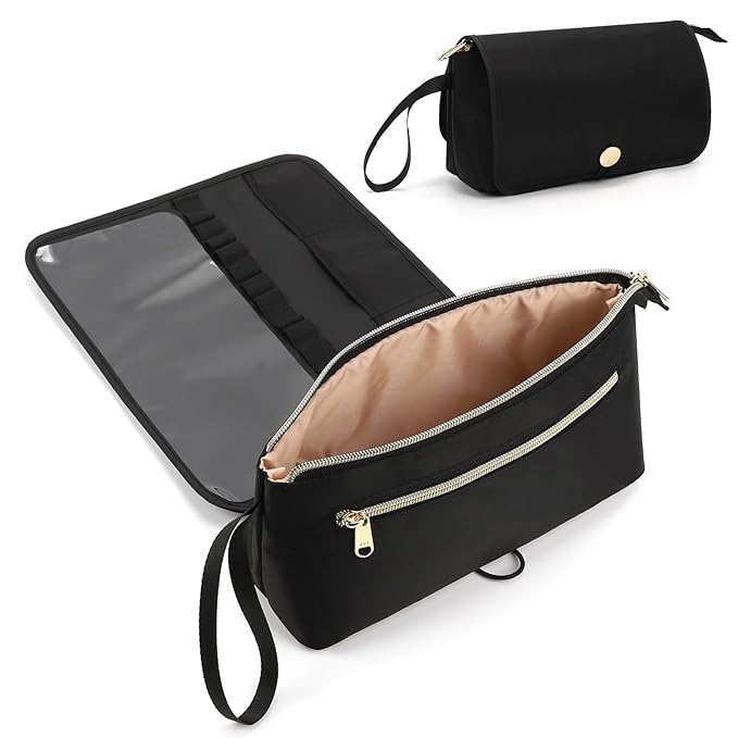 OCHEAL Makeup Brush Holder and Makeup Bag 2 in 1,Makeup Pouch with Brush Organizer,Travel Makeup Brushes Bag Cosmetic Bags for Women Portable Roll-up Makeup Case -Black