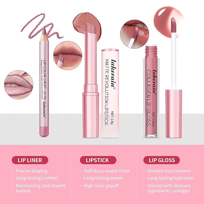 3PCS Lip Liner and Lipstick Combo Set - Matte Lip Liner Pencil, Velvet Matte Lipstick & Hydrating Collagen Lip Gloss - Long-Lasting, Smudge-Proof, High Pigment Nude Brown Lip Makeup Kit (Set 1, 3)