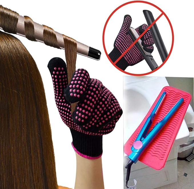 Heat Resistant Silicone Mat Pouch and Glove for Curling Irons, Hair Straightener, Flat Irons and Hair Styling Tools 11.5" x 6", Food Grade Silicone, Pink