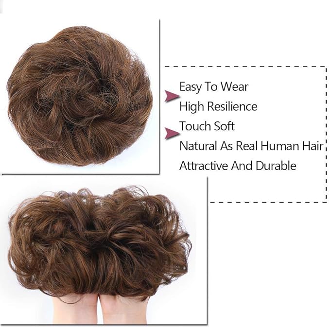 MORICA 1PCS Messy Hair Bun Hair Scrunchies Extension Curly Wavy Messy Bun Hair Synthetic Chignon Hairpieces for Women(2/30#(Darkest Brown & Light Auburn Mixed))