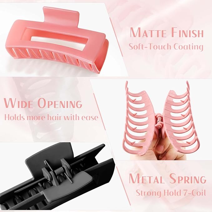 TOCESS 4.33 Inch 8 Pack Jumbo Claw Clips for Thick Hair Women, Non-Slip Matte Black & Bright Jelly Pink Large Rectangle Hair Clamps for Girls with Wavy or Curly Hair in Vacation, Gym, or Home