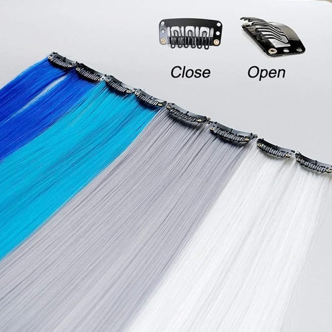24 Pcs Colored Clip in Hair Extensions 20 Inch Long Straight Party Highlights Synthetic Hairpieces for Women Kids Girls(White, Gray, Blue, Navy blue)
