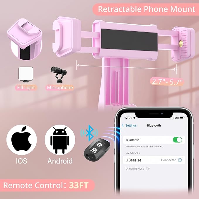 UBeesize 12” Selfie Ring Light with 62” Extendable Tripod Stand & Remote, LED Light with Phone Holder for Video Recording/Makeup/Content Creator (YouTube/TikTok/Twitch), Phone, Camera & Webcam (Pink)