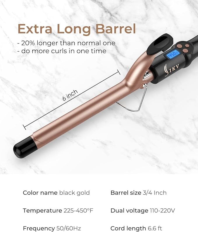 3/4 Inch Extra Long Barrel Curling Iron, Ceramic Tourmaline Curling Wand Professional Dual Voltage