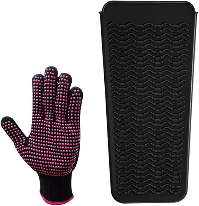 Heat Resistant Silicone Mat and Glove Set for Hair Straighteners and Flat Irons - 11" x 6" Mat, 8.7" x 5.2" Bump Glove, Black