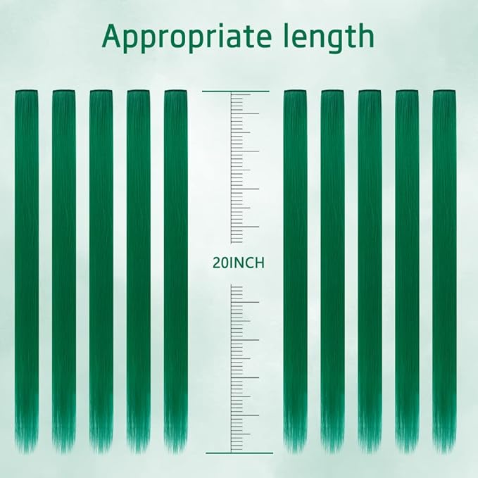 20 Inch Colored Hair Extensions, Party Highlights Straight Colorful Clip In Hair Extensions, Synthetic Rainbow Hairpieces for Girls Kids Gift(10Pcs Green)