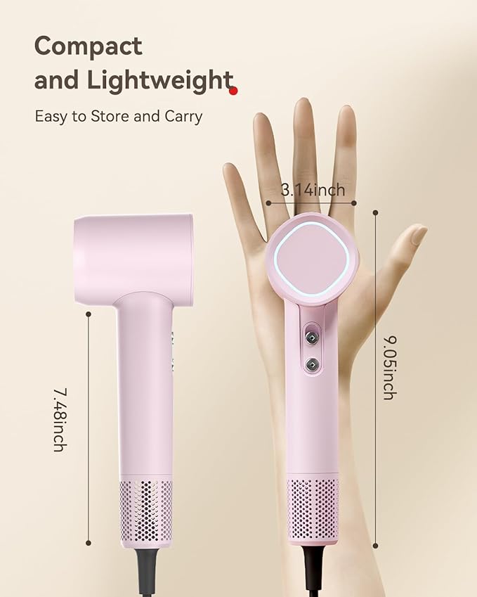 Hair Dryer, 160000 RPM High-Speed Brushless Motor with 500 Million Negative Ions, Professional Ionic Blow Dryer with Magnetic Diffuser & Nozzle,Lightweight for Home Travel Salon(Pink)