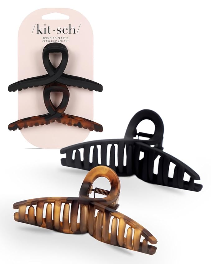 Kitsch Large Hair Clips for Women - Fashionable Loop Hair Claw Clips | Matte Plastic, Easy-Grip | Perfect for Everyday Use & Special Occasions - Tortoise & Black, 2 Pcs