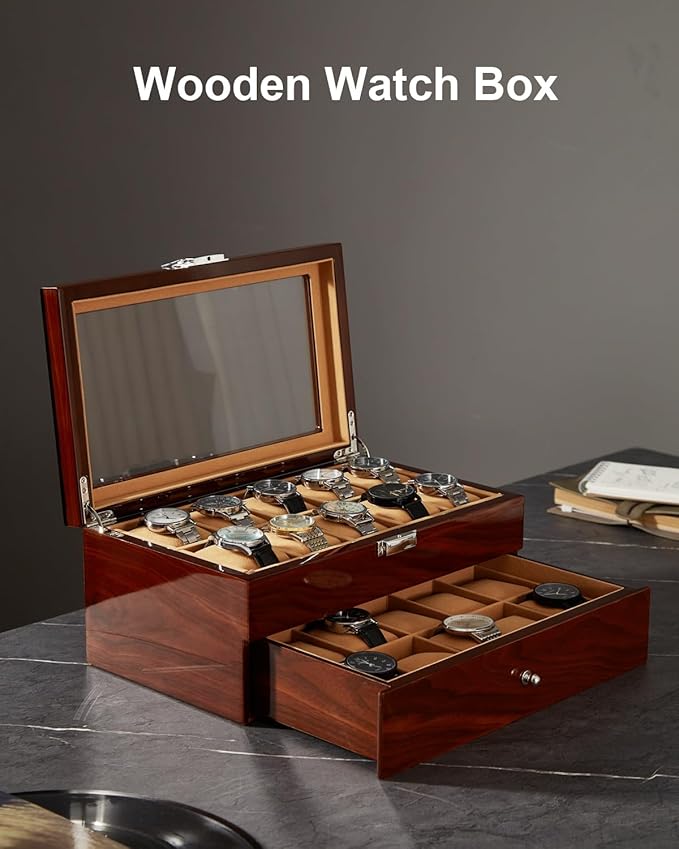 20-Slot Wooden Watch Box, Wood Watch Case with Glass Lid, 2 Layer Storage Organizer for Men Women, Velvet Lining, Watch Display Box, Mother's Day Gifts