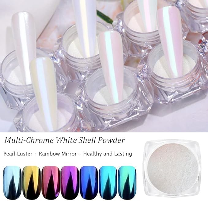 7 Colors White Pearl Chrome Nail Powder Aurora Metallic Nail Powder Holographic Mirror Effect Chrome Powder Iridescent Shell Powder Glitter Nail Art Pigment Manicure for Nails (White Pearl)
