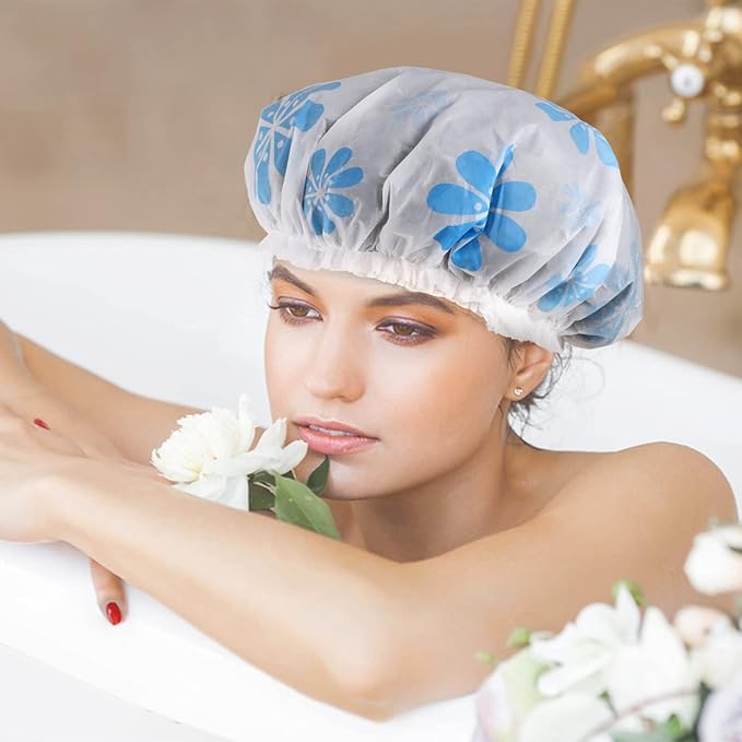 6 Pcs Shower Caps, Waterproof Bath Caps Plastic Reusable Shower Caps Elastic Band Bath Hair Caps for Women Kids