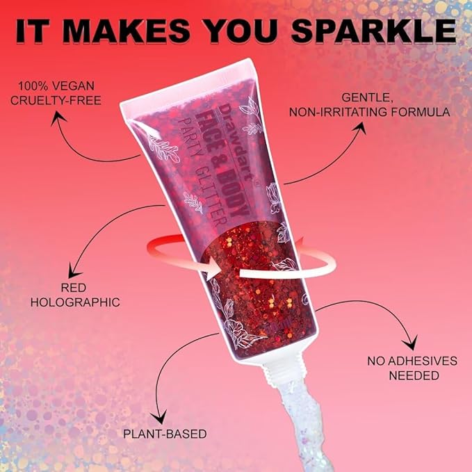 Face & Body Glitter - Cosmetic - Grade Red Holographic Glitter Gel,Face Body Hair Chunky Festival Rave Accessories Makeup 50ml,Glitter Sequin for Women Kids