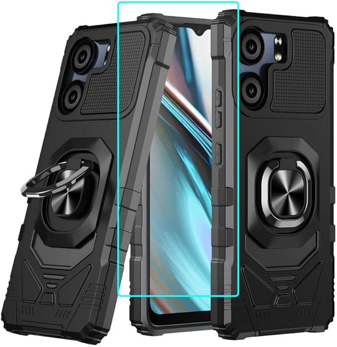 for BLU View 5 B160V / BLU F5 5G Case with 1 Pack Screen Protector,Dual Layer Hybrid Heavy Duty Defender Protection,Sleek Rugged Reinforced Cushion Corner Kickstand Shockproof Bumper Cover Black