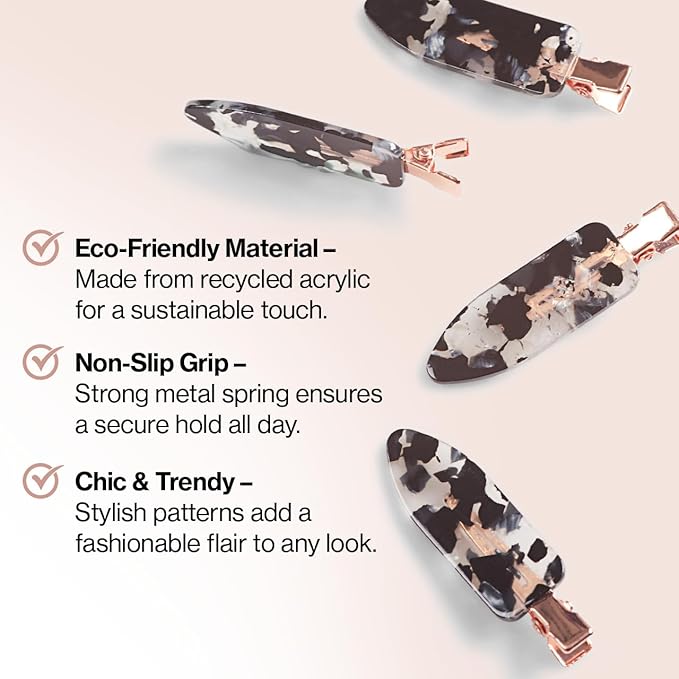 Kitsch Creaseless Hair Clips for Women - No Bend, No Crease Hair Clips For Styling, Makeup Application and Face Wash - Recycled Acrylic - 4pcs Black Terrazzo
