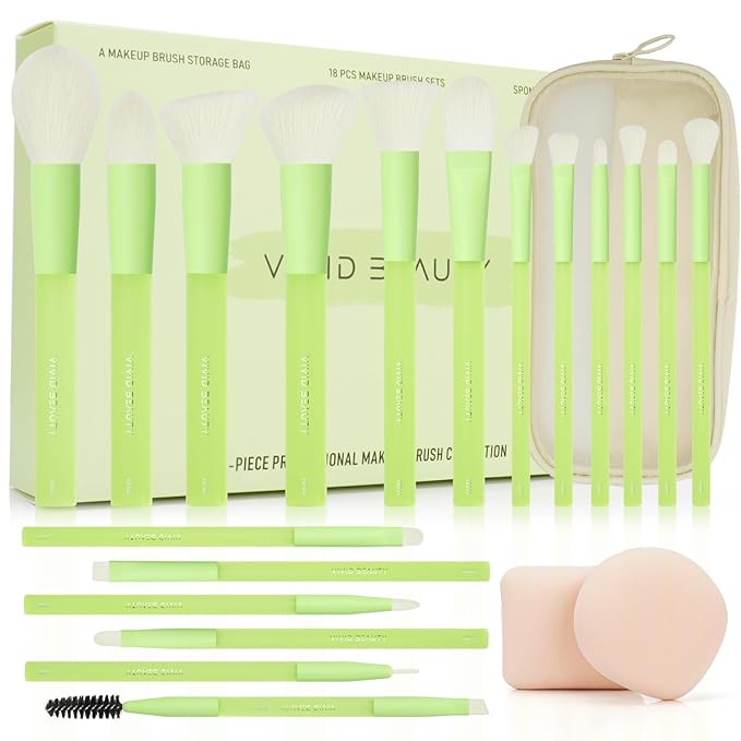 18pcs Colorful Makeup Brush Set with Make up Bag and Sponge Applicators for Liquid Foundation - Professional Cosmetics Tools Blush Blending Blender Brushes Gift Pack (Green)