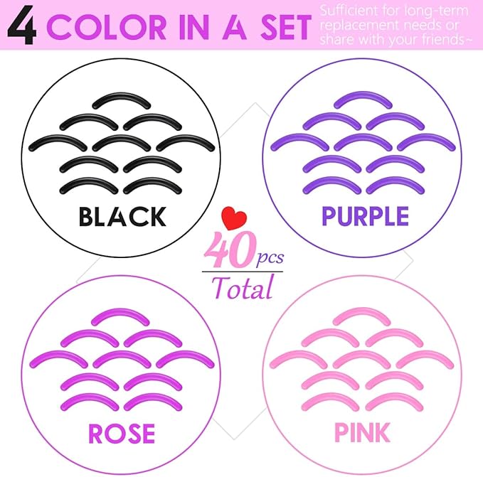 40 pcs Eyelash Curler Refills Curler Refill Pads Soft Rubber Curler Replacement Refills Pads for Universal Eyelash Curler with a Clear Storage Box (Black, Purple, Rose Red, Pink * 10)
