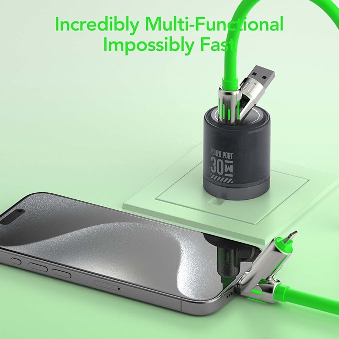 4-in-1 Universal Multi USB Charging Cable – 240W Max Fast Charger Cord with Multiple Connectors for iPhone 16/15/14/13, iPad, Samsung, MacBook, Tablets & More (Green, 6.6Ft)