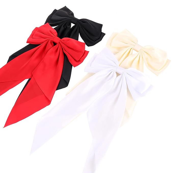Silky Satin Oversized Hair Bows for Women Girls 4 PCS Hair Ribbon Bow Hair Clips with Long Tails(Black, White, Red, Beige )