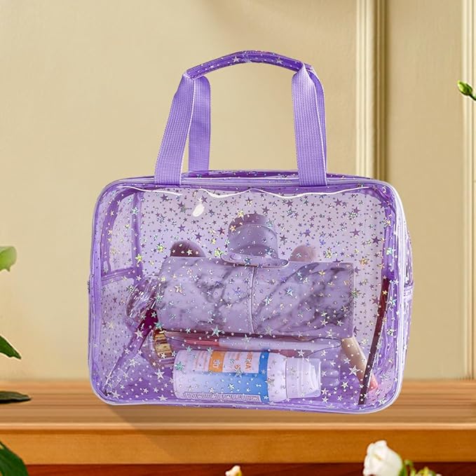 12”X5“X8” Portable 8L Purple Clear Makeup Bag Twinkle Star Toiletry Bag Waterproof Cosmetic Bag With Zipper & Handle for Concert Sports Events Travel Commuting Beach Essential
