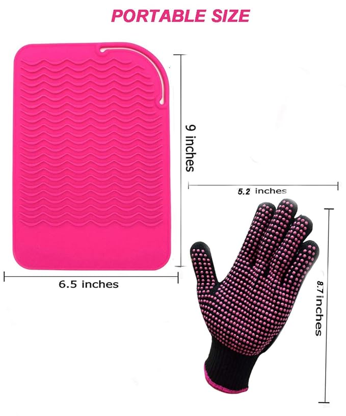 Heat Resistant Glove with Heat Resistant Mat for Curling Iron, Hair Straightener, Flat Irons, Silicone Bump Glove, 9” x 6.5” Food Grade Silicone Mat, Pink