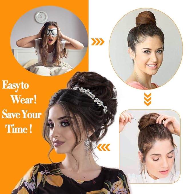 MORICA 2PCS Messy Bun Hair Piece, Fake Hair Extension Curly Wavy Synthetic Chignon Scrunchies Ponytail Hair Pieces for Thin Hair, Women (Dark Brown & Light Auburn Mixed)