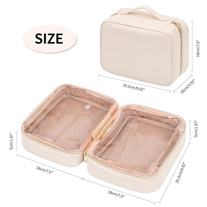 OCHEAL Makeup Bag, Make up Travel Bag Large Capacity Waterproof Cosmetic Organizer Bag with Makeup Brush Compartment & Handle for Women Girls Travel Toiletry Accessories-Beige
