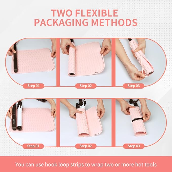 Oversize Large Silicone Heat Resistant Mat, 13.19" x 10.24" Professional Heat Mat for Curling Iron, Portable Vanity Decor Makeup Mat with Velcro Cover for Travel Vanity Salon (Pink)