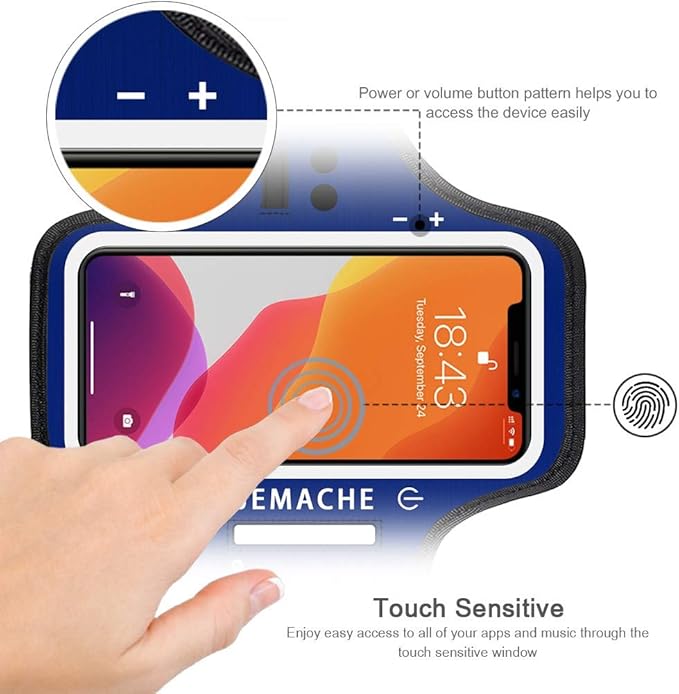 iPhone 16e 16 15 14 Armband with Earphone Holder, JEMACHE Water Resistant Gym Running Workouts Arm Band for iPhone 16e 16 15 14 13 12 11 Pro (Navy Blue)