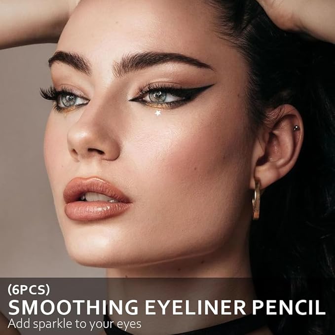 6 Pcs Black Eye liner Pen Set with Sharpener, Wooden Voluminous Smoldering Eye liner, Smooth Creamy Matte Tattoo Pencils for Women,Hairline Eyebrow Makeup (6Pcs-Smooth Creamy Black Sticks)