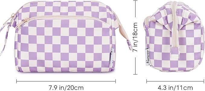 Narwey Checkered Makeup Bag Women Wide-open Make up Bag Travel Cosmetic Bag Organizer Toiletry Bag for Cosmetics Toiletries Accessories (Purple Checkerboard)