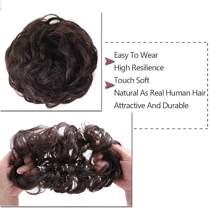 MORICA 1PCS Messy Hair Bun Hair Scrunchies Extension Curly Wavy Messy Bun Hair Synthetic Chignon Hairpieces for Women(2/33#(Darkest Brown & Dark Auburn Mixed))