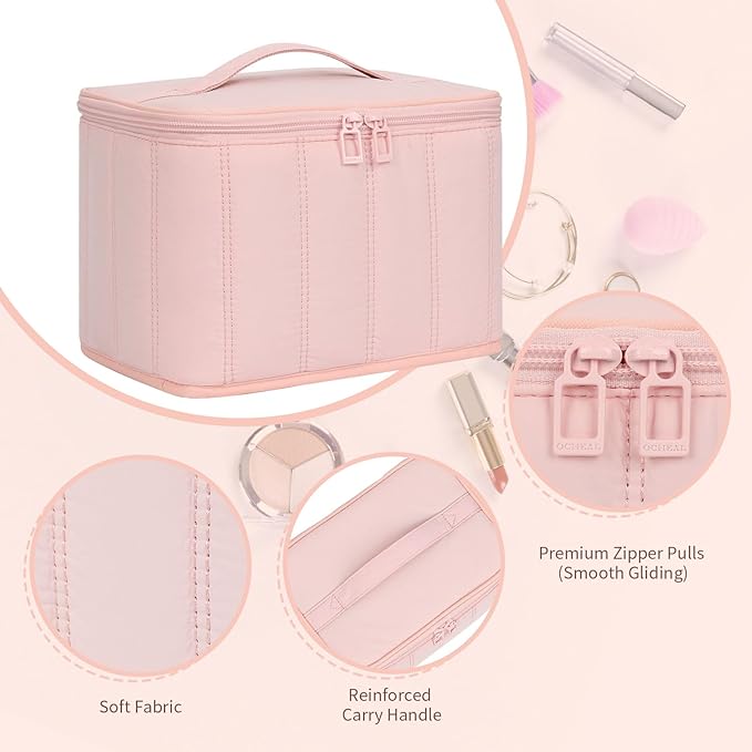 OCHEAL Travel Makeup Bag, Cosmetic Bags for Women Makeup Case Organizer Large Capacity Travel Toiletry Bag Storage Bags with Divider and Handle for Cosmetics Toiletries Brushes Tools-Pink