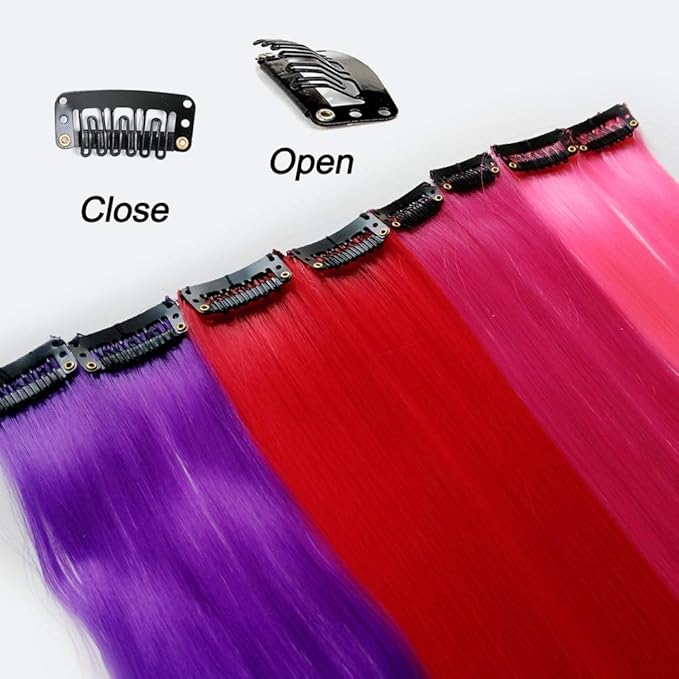 20 Pcs Colored Clip in Hair Extensions 20 Inch Long Straight Party Highlights Synthetic Hairpieces for Women Kids Girls(Red, Rose Red, Pink, Purple)