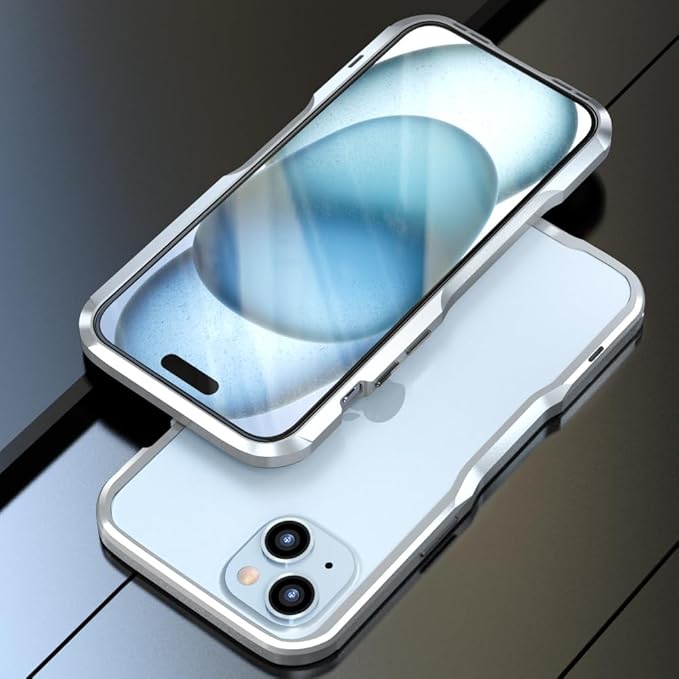 HENGHUI Aluminum Bumpers for iPhone 15 Plus Bumper Case with Strap Hole Metal Frame Bumper Cover Shock Absorbent Slim Cool Design (Silver)