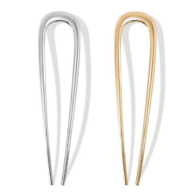 2Pcs French Hair Pins for Thick Hair, Metal French Twis Hair Pins for Women Girls, U-Shaped French Pin for Buns, 5.5 Inches Large French Pins Hairstyle Accessories (Silver, Gold)