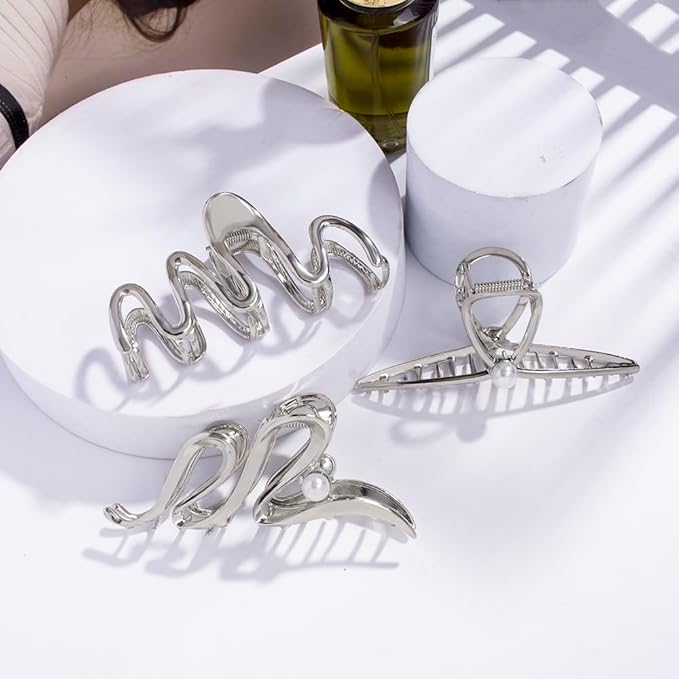 3 Pack Hair Claw Clips for Thick Long Hair, Silver Metal Wave Cross with Peal Big Jaw Clamps Hair Accessories for Women, Fashion Elegant Aesthetics Variety Hairgrip Styling Tools