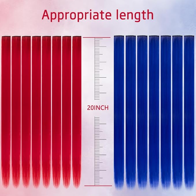 14 PCS Colored Clip In Hair Extensions 20 Inch Colorful Party Highlights Clip In Straight Rainbow Hairpieces, Halloween Cosplay Christmas New Year Gift For Women Kids Girls(Red, Blue-14Pcs)