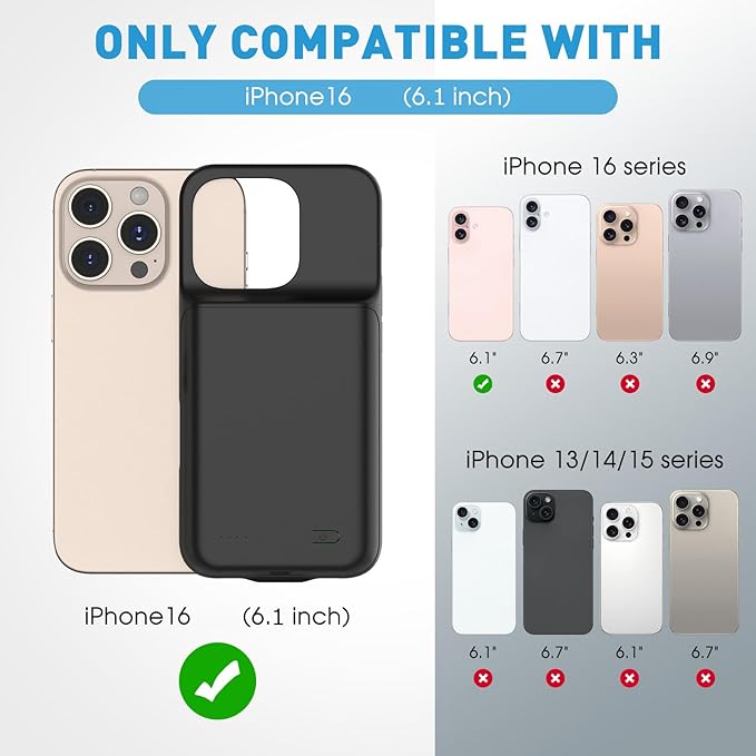 2025 New Upgraded 7000 mAh Travel Battery Case for iPhone 16 6.1inch, Extra Battery Life 15W Fast Charging External Rechargeable Portable Charging Case with HD Tempered Protective Film, Black