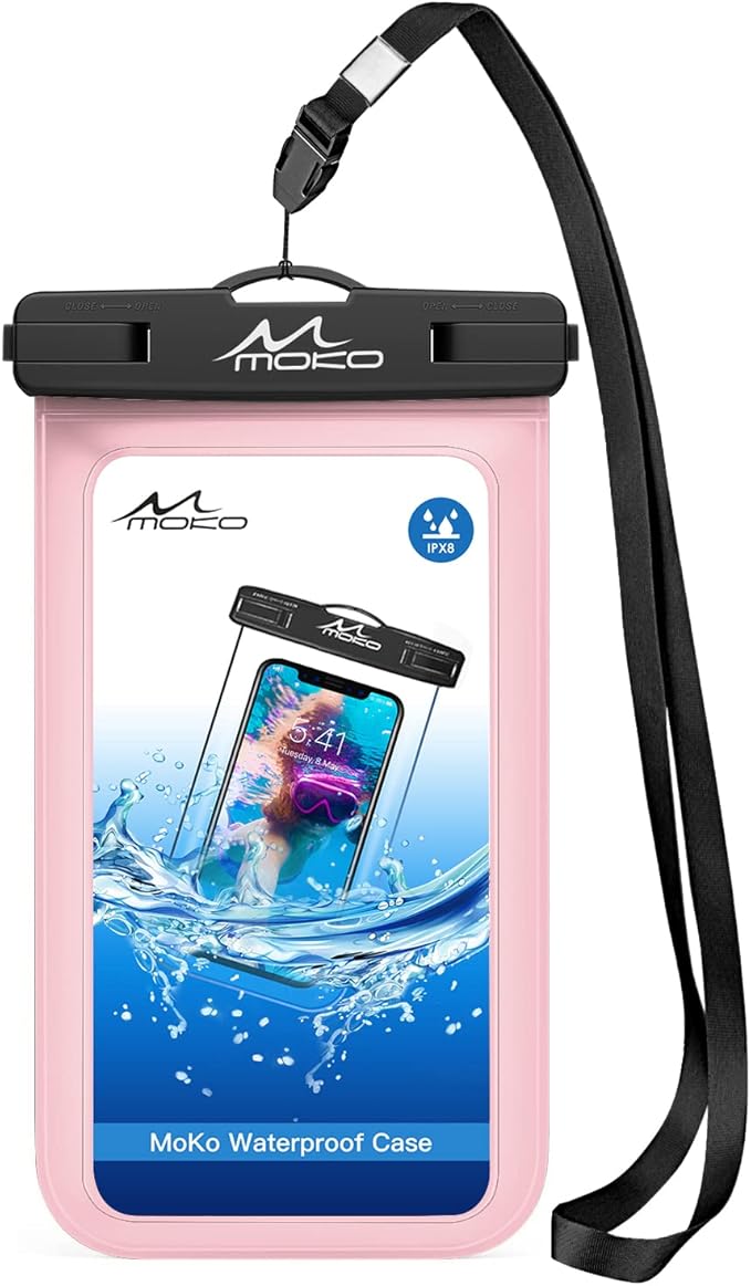 MoKo Waterproof Phone Pouch Holder, Cellphone Case Dry Bag with Lanyard Armband Compatible with iPhone 16 15 14 13 12 11 Pro Max X/Xr/Xs Max/SE 3, Samsung S24/S23/S21/S20/S10/S9, Pearly Pink