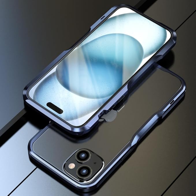 HENGHUI Aluminum Bumpers for iPhone 15 Bumper Case with Strap Hole Metal Frame Bumper Cover Shock Absorbent Slim Cool Design (Blue)