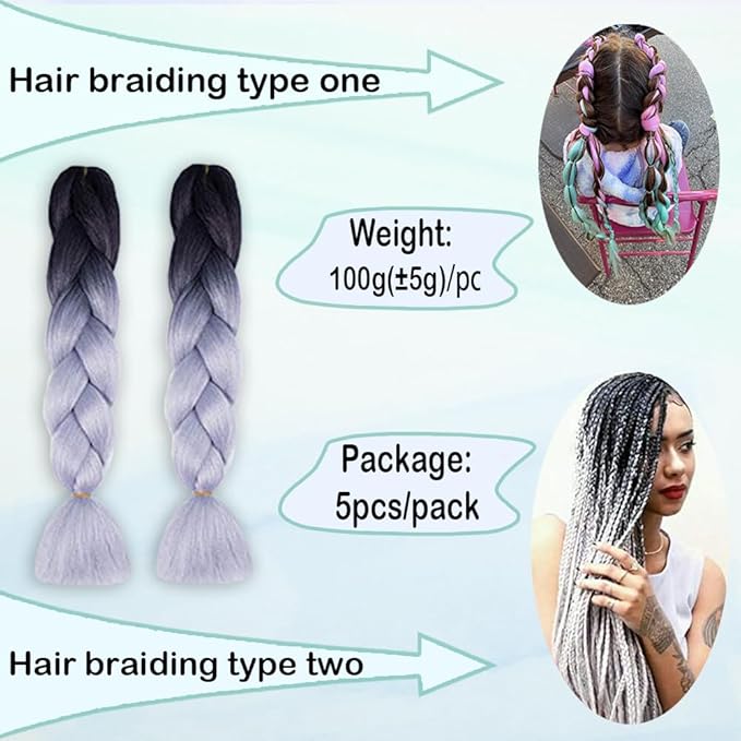 Ombre Braiding hair synthetic Crochet braids twist 24inch 5pcs/lot 100g Ombre two three tone Jumbo braid hair extensions Dreadlocks (black-Silver gray)