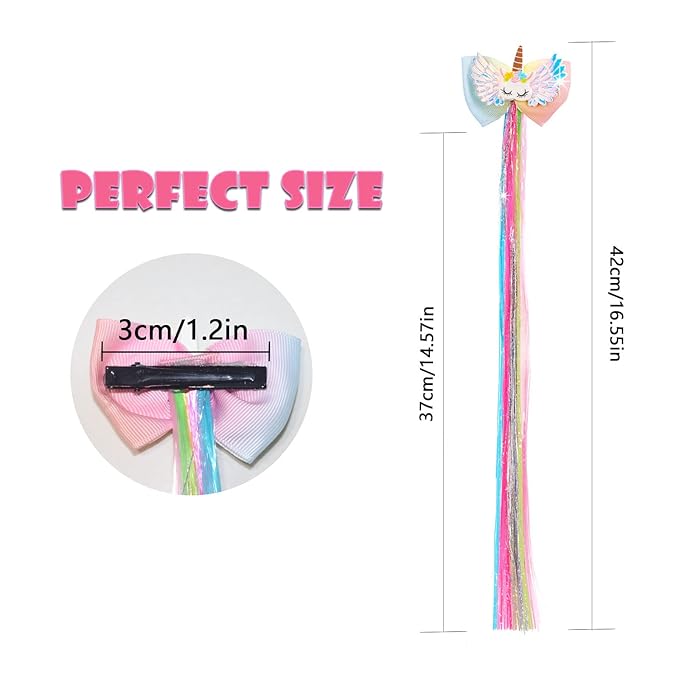 6 Set Rainbow Wig Clips and Straight Fake Bangs - Thick Colored Unicorn Hair Accessories for Kids' Ponytails and Girls