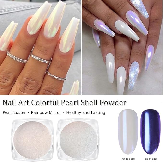 7 Colors White Pearl Chrome Nail Powder Aurora Metallic Nail Powder Holographic Mirror Effect Chrome Powder Iridescent Shell Powder Glitter Nail Art Pigment Manicure for Nails (White Pearl)