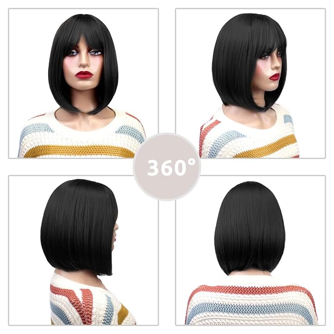 Onpep Natural Black Bob Wig with Bangs Short Straight Wigs for Black Women Shoulder Length Glueless Heat Resistant Synthetic Wigs