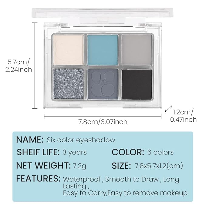 6 Colors Glitter Matte Eyeshadow Palette, Light White Sky Blue Gray Silver Black Sparkly Eyeshadow Palette Makeup, Warm Eye Shadows Palette Long Lasting Naturing-Looking Women Girls Eye Shadow 03
