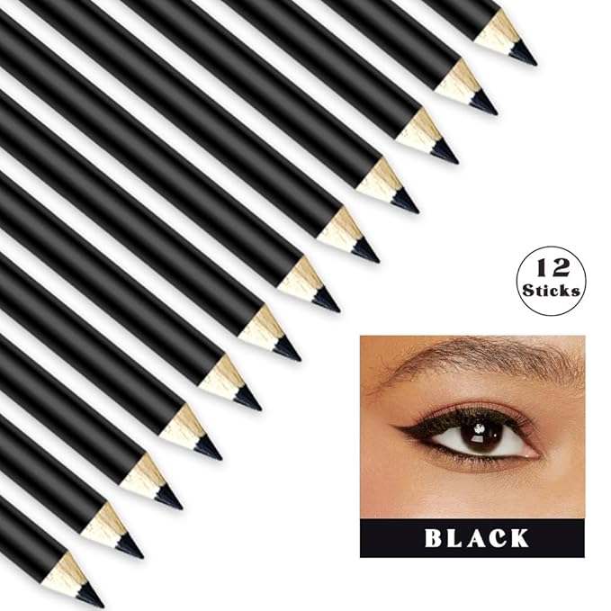 12 Pcs Black Eyeliner Penicls Eyebrow Set for Women, Highly Pigmented, Easy to Color, Long Lasting,Professional Eye Makeup Pencil, Soft & Smooth (12Pcs-Smooth Creamy Black Pencil)