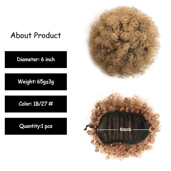 Ombre Brown Afro Puff Drawstring Ponytail Kinky Curly Pony Tail Hair Extensions Synthetic Short Bun Hairpieces for Black Women(1B/27#)