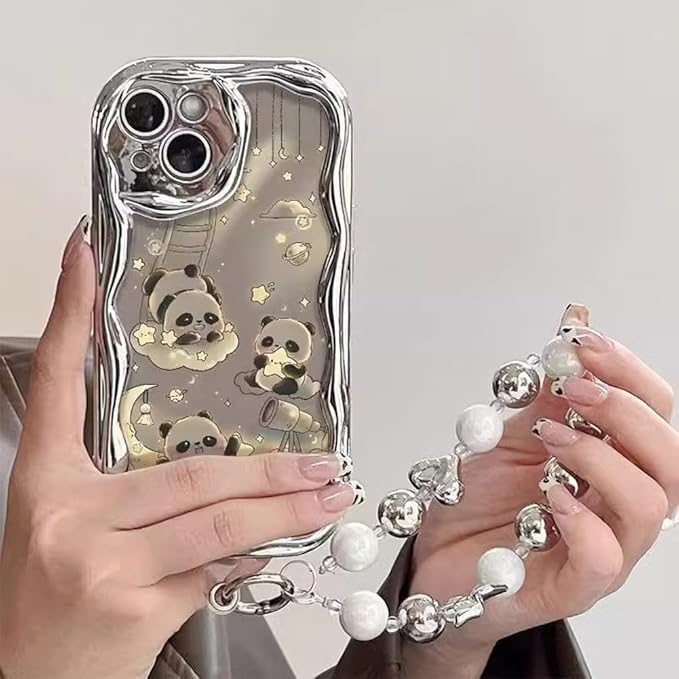 for iPhone 16 Pro Max Case for Women Girls with Bead Phone Charm Strap,3D Cute Bear Design with Curly Wave Frame,Luxury Plating Silver Soft TPU Bumper Girly Phone Case for iPhone 16 Pro Max