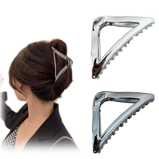 2Pcs Hair Clips, Triangular Hair Claw Clips, Metal Hair Clips, 4inch Exquisite Silver Geometry Designs Hair Jaw Clips for Hair Accessories for Women Girls Gift