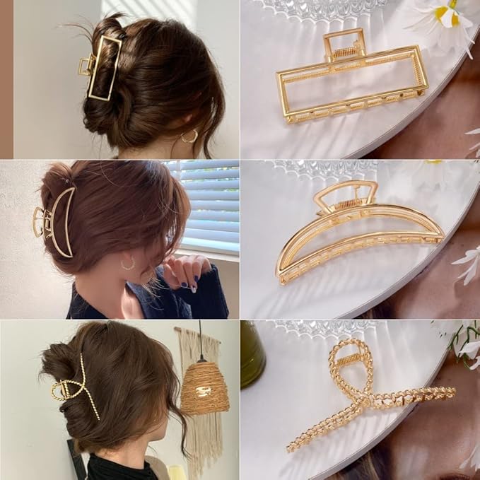 3 Pack Large Metal Gold Hair Claws for Women, Moon Cross Square Geometric Jaw Clips Barrettes for Thick Thin Hair, No Slip Claw Clip Clamp Grips Hair Accessories Hair Styling Gifts
